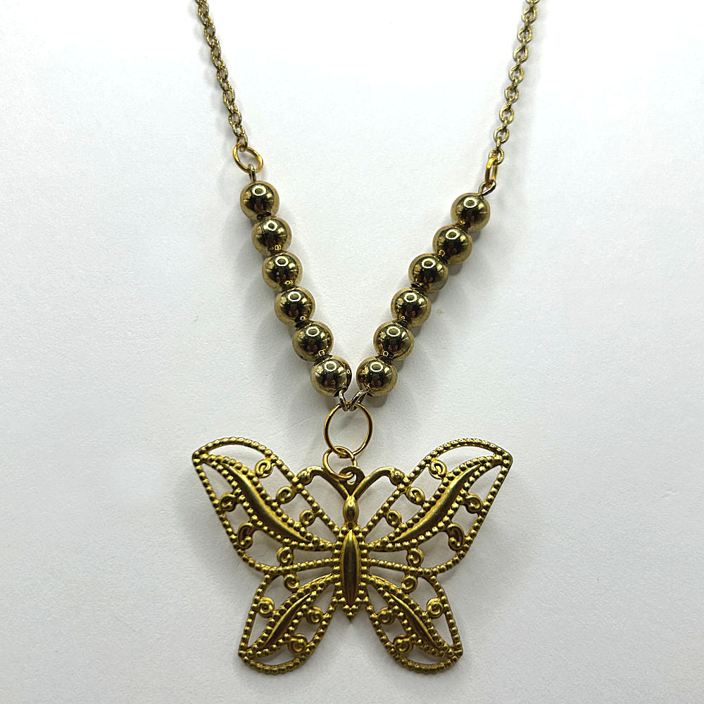 Brassy Gold Butterfly Necklace with Beaded Accents