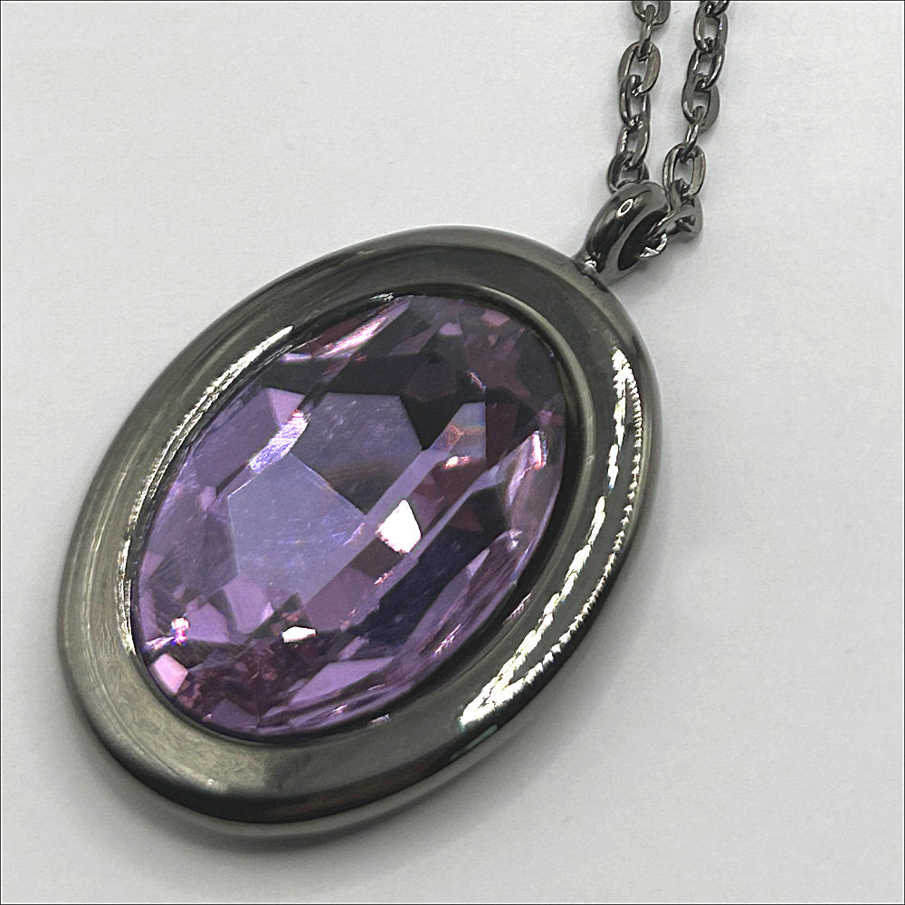 Large Lavender Oval Pendant Necklace in Gunmetal Base