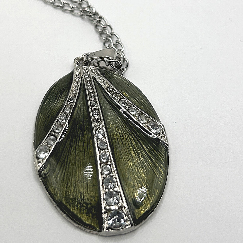 Olive Green and Rhinestone Oval Pendant