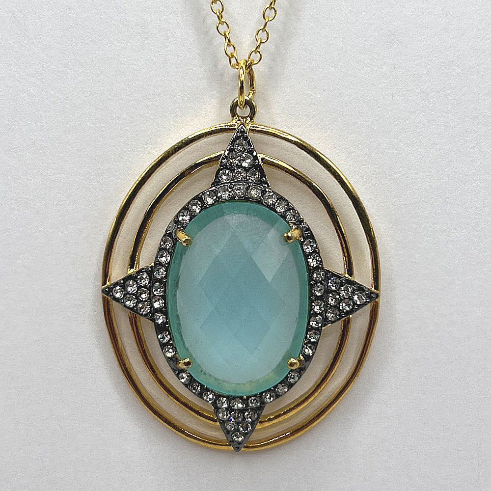 Faceted Blue Pendant with Oval Rings and Rhinestones
