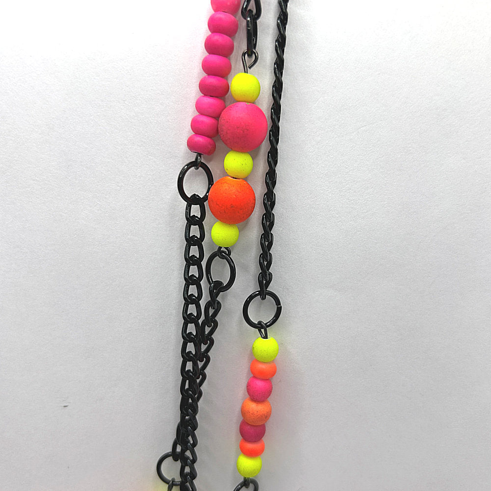 Triple Black Chain Necklace with Neon Beads
