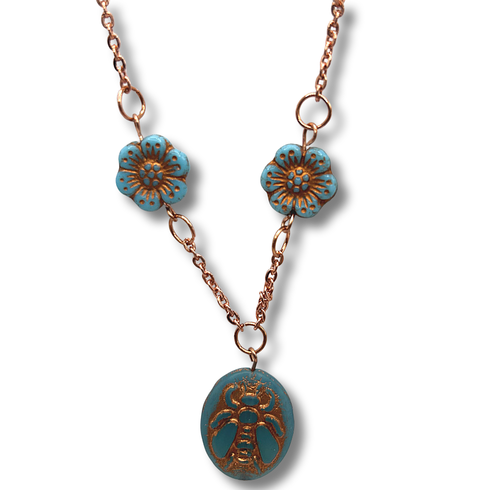 Blue Czech Glass Bee Necklace