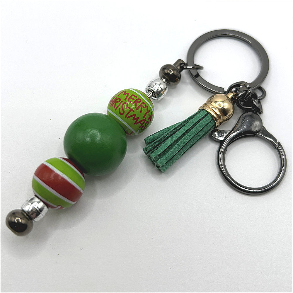 Green Wood Christmas Bead Keyring
