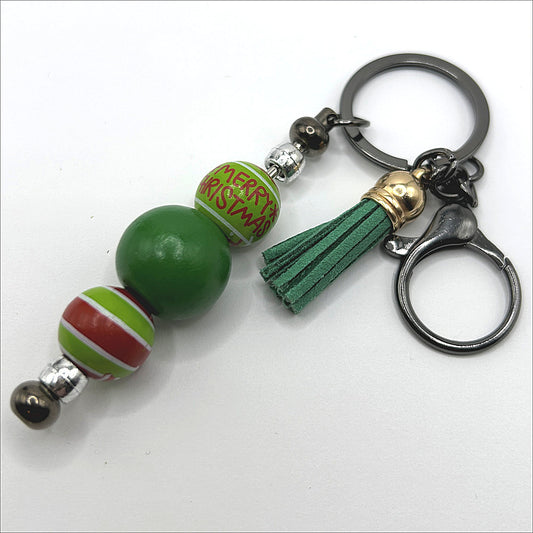 Green Wood Christmas Bead Keyring