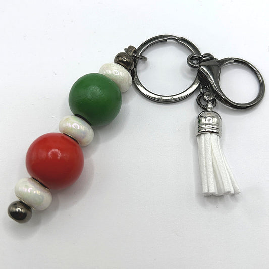 Red and Green Wood Keyring with White Glass Accents