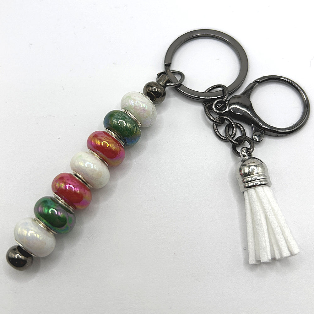 Christmas Keyring with Red, White, and Green Glass Beads