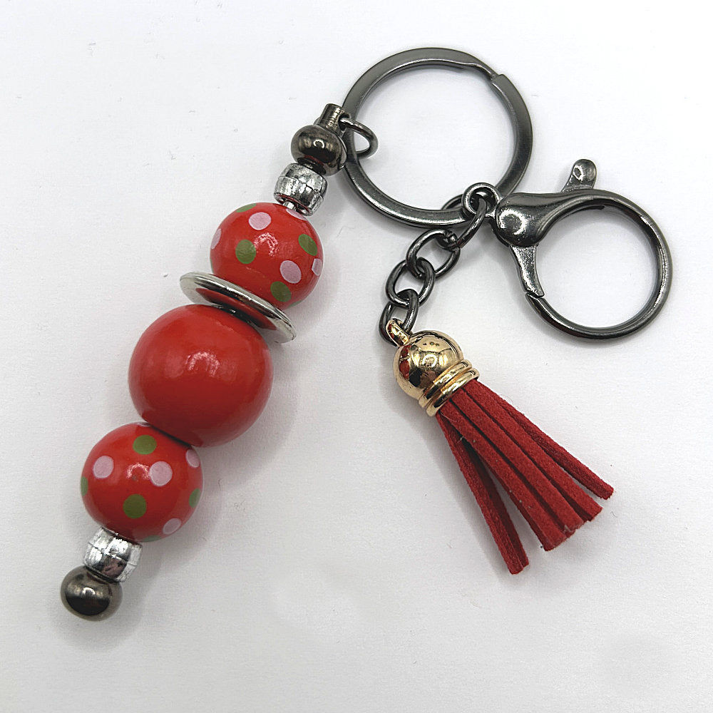Keyring with Red Wooden Beads with Green and White Dots and Silver-Colored Accents