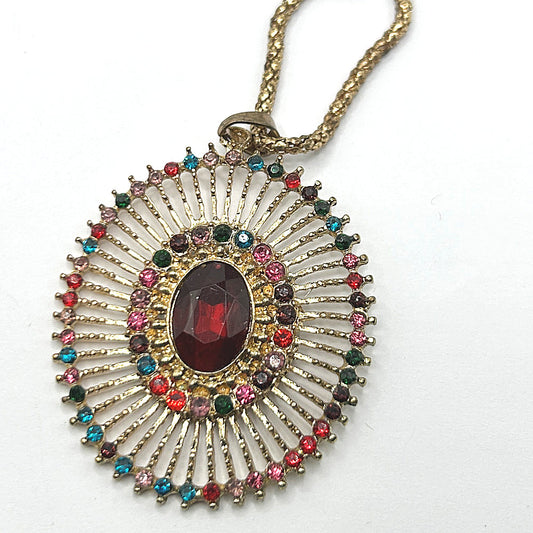 Brassy Oval Pendant Necklace with Multicolor Rhinestones