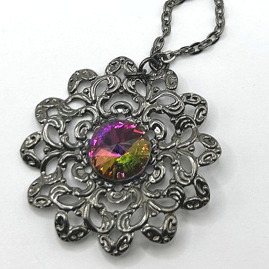 Gunmetal-Colored Floral Filigree Pendant Necklace with Multicolor Center Stone