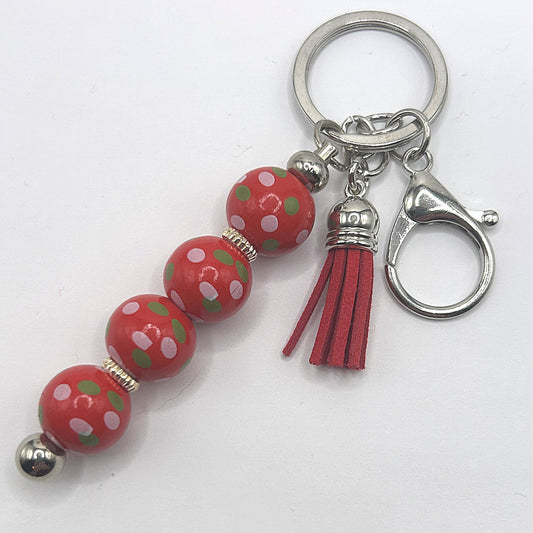 Red Wooden Beaded Keyring with Christmas Dots