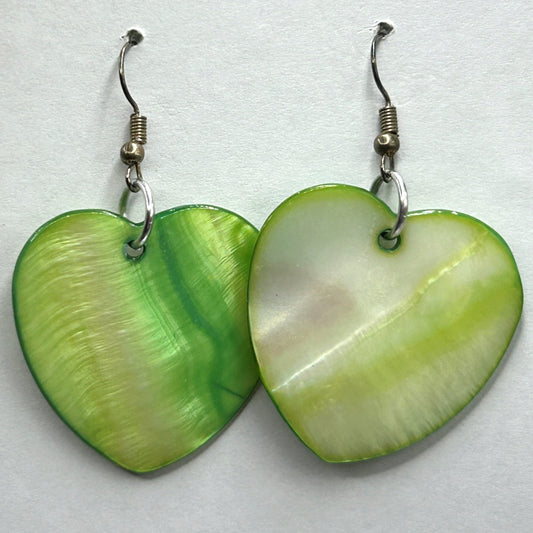 Large Green Mother-of-Pearl Heart Earrings (Heavy)