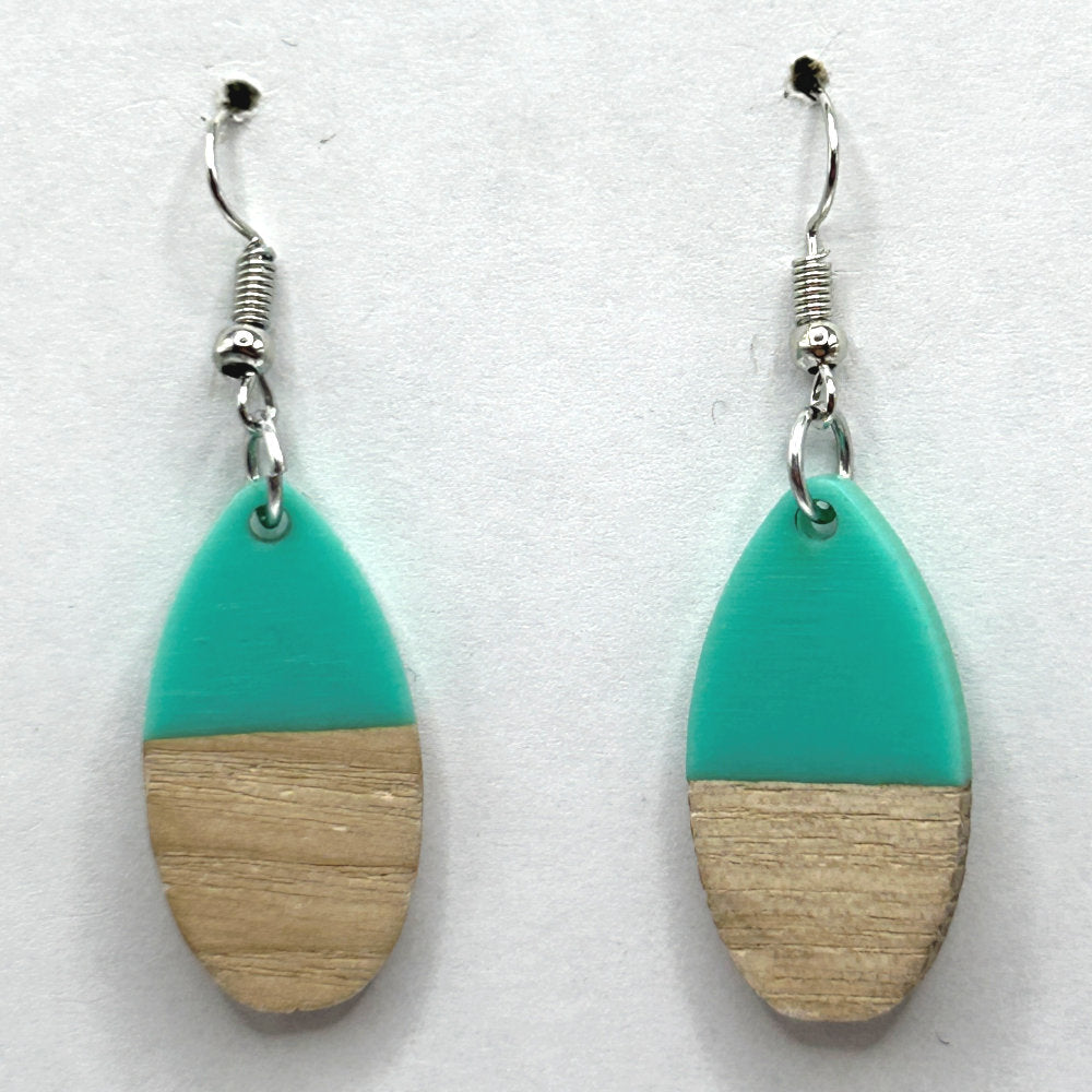 Green Resin and Wood Teardrop Earrings