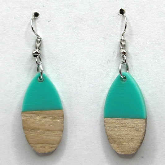 Green Resin and Wood Teardrop Earrings