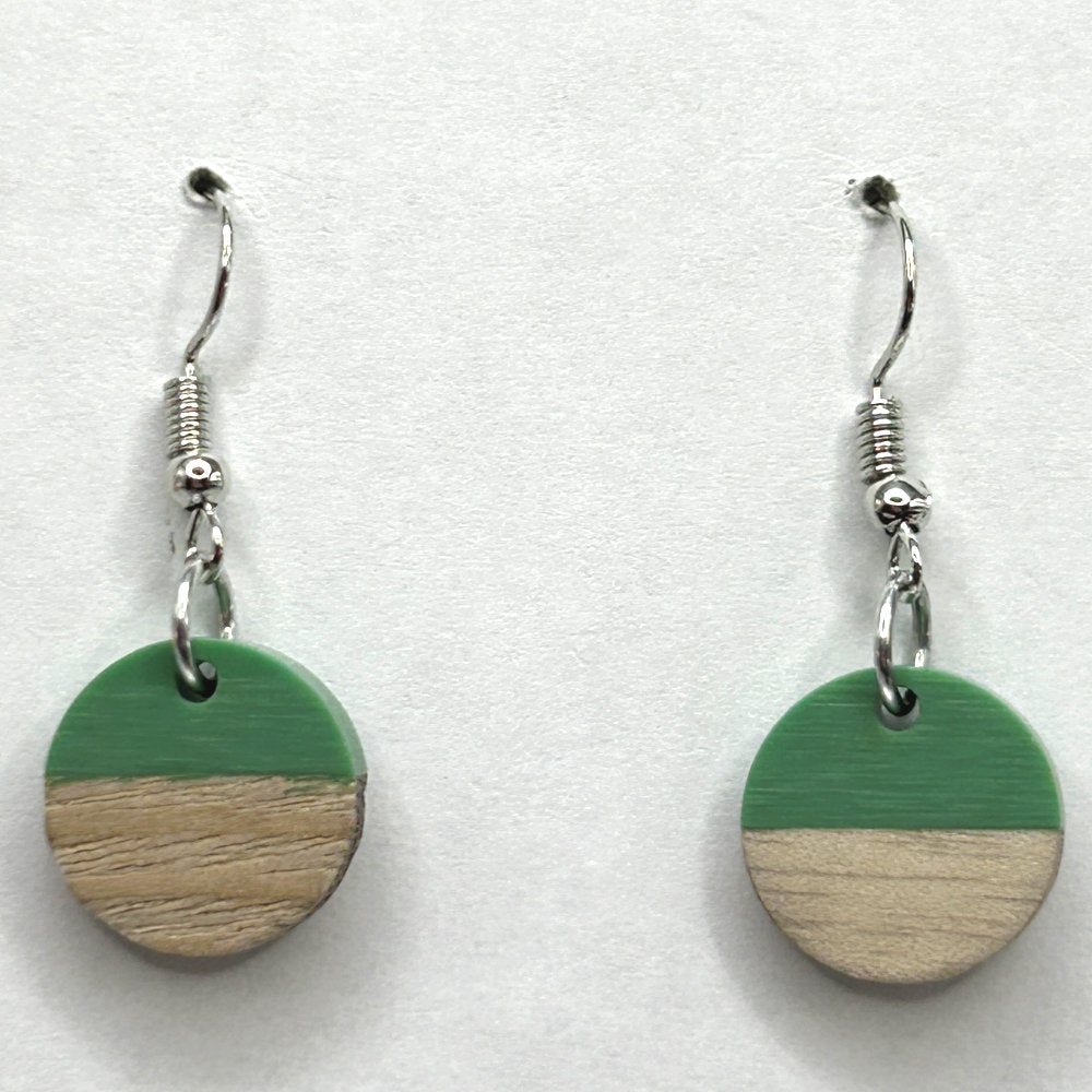 Small Round Green Resin and Wood Earrings