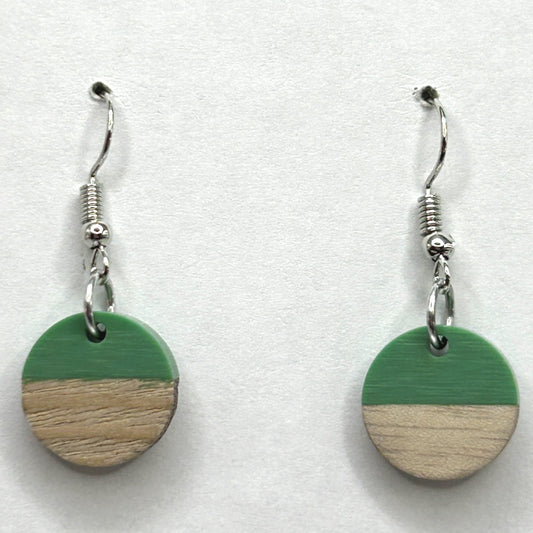 Small Round Green Resin and Wood Earrings