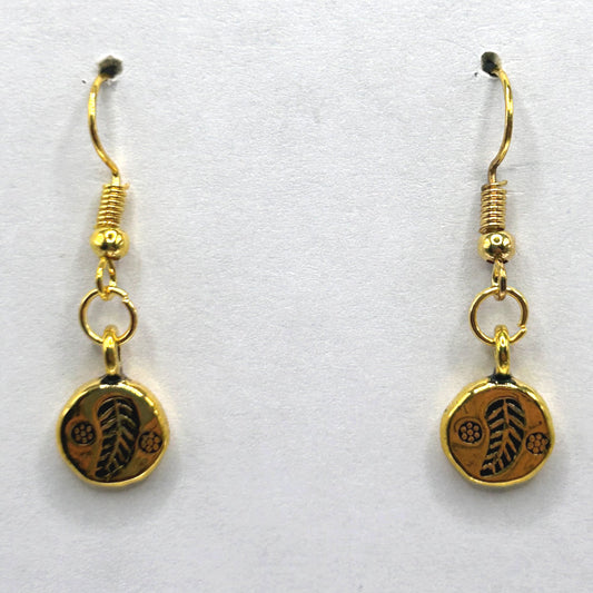 Tiny Golden Disc Earrings with Feather Stamp