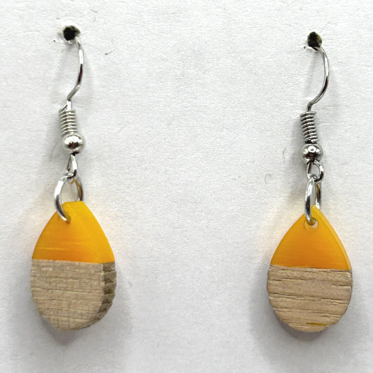 Orange Resin and Wood Small Teardrop Earrings