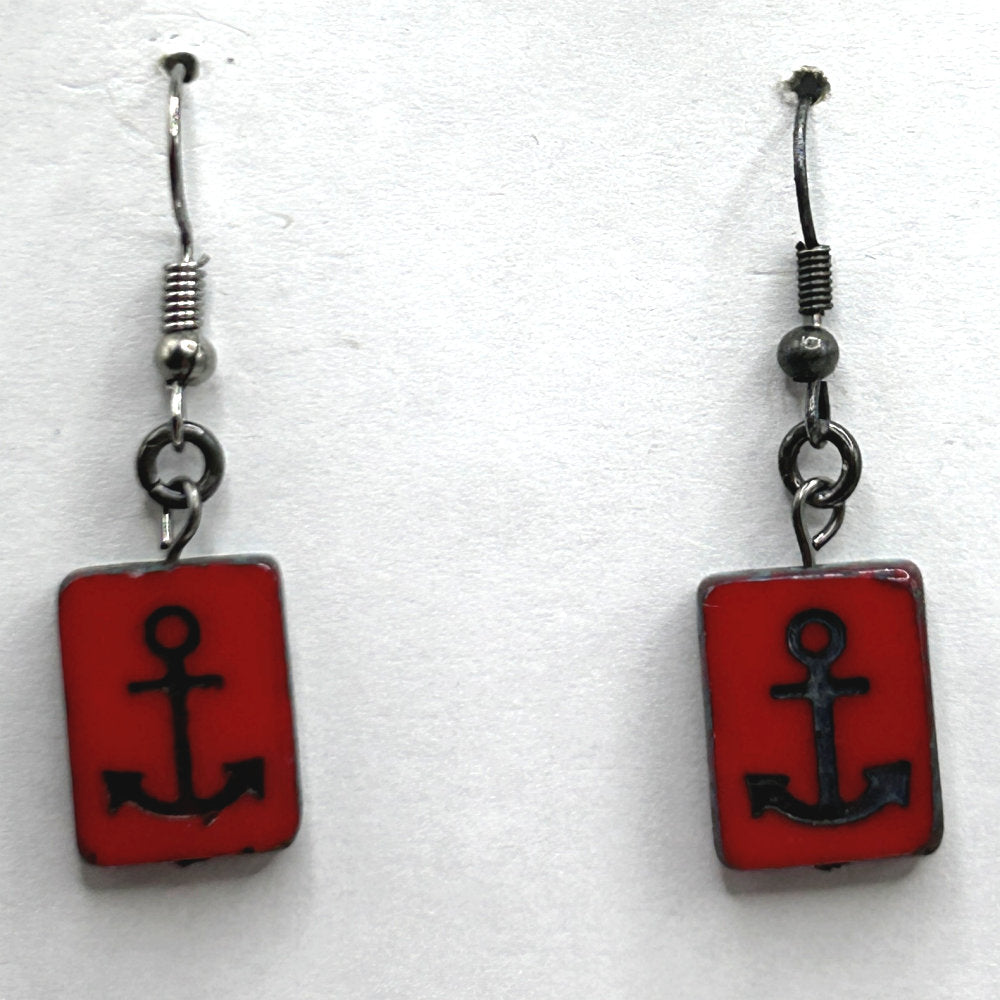 Red Czech Glass Anchor Earrings