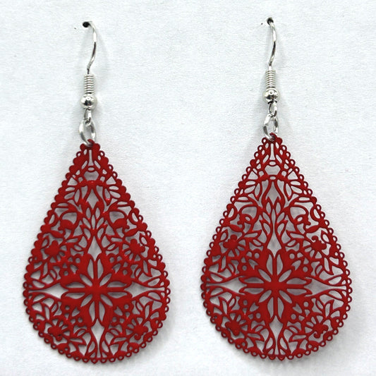 Red Teardrop Filigree Earrings