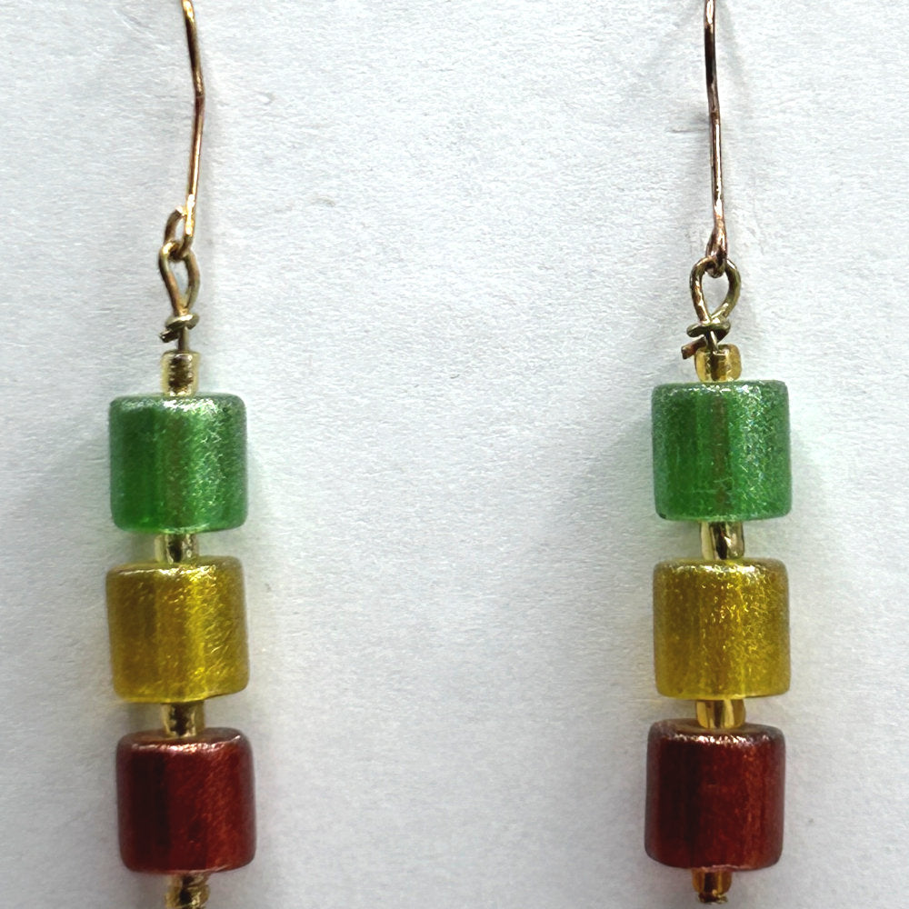 Red, Gold, and Green Glass Tube Earrings