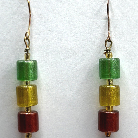 Red, Gold, and Green Glass Tube Earrings