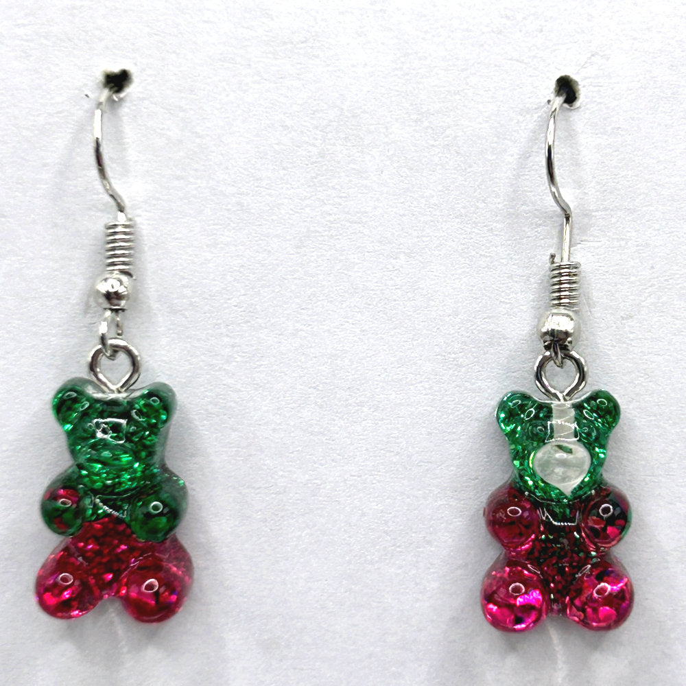 Sparkly Green/Pink Gummy Bear Earrings