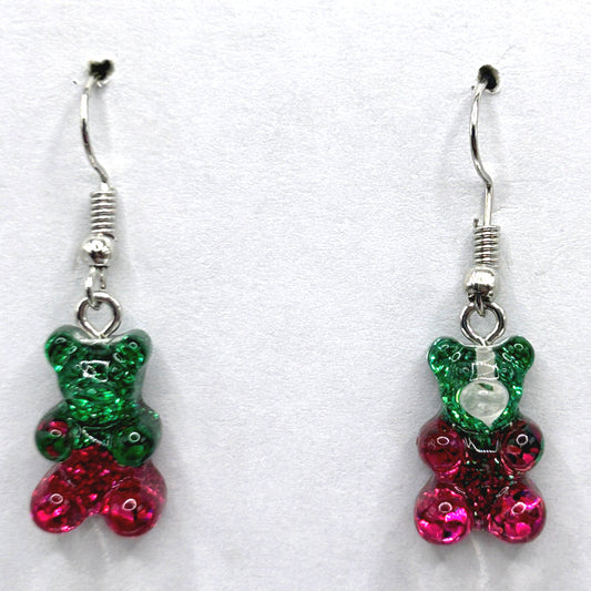 Sparkly Green/Pink Gummy Bear Earrings