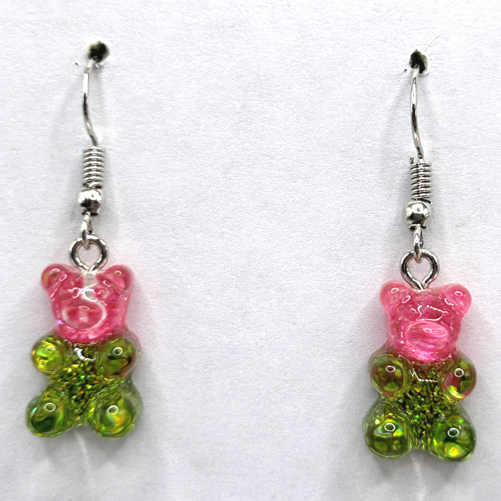 Pink and Green Sparkly Gummy Bear Earrings