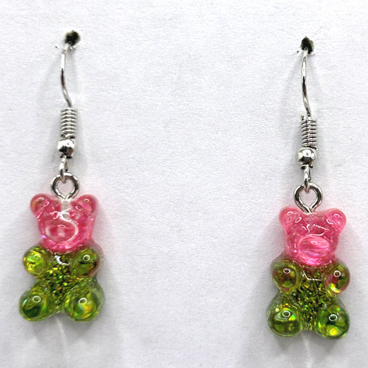 Pink and Green Sparkly Gummy Bear Earrings