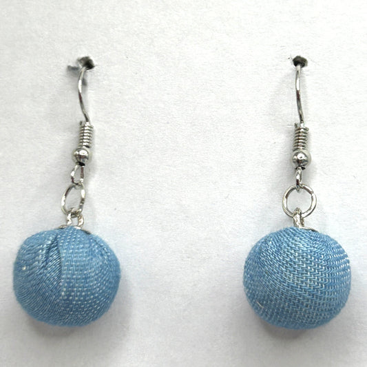Light Denim Fabric-Wrapped Ball Earrings