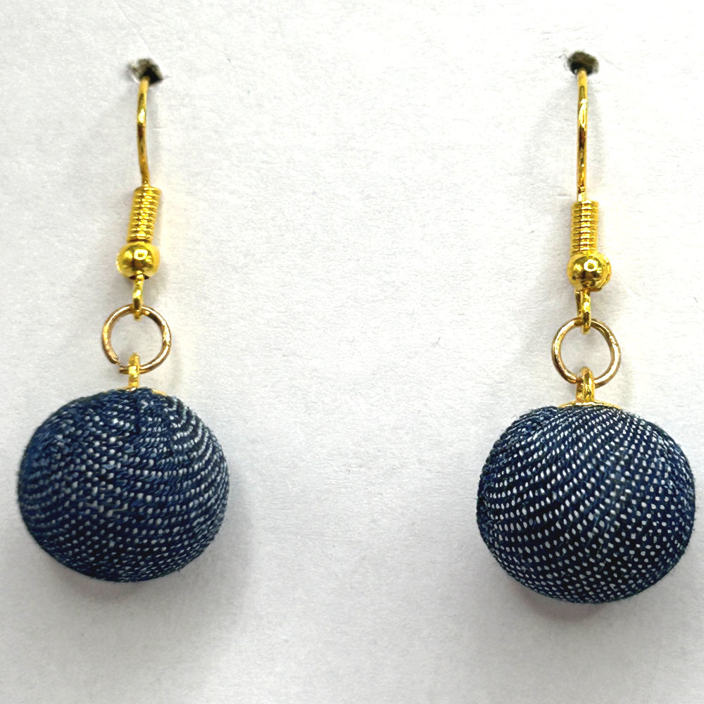Dark Denim Fabric-Wrapped Ball Earrings