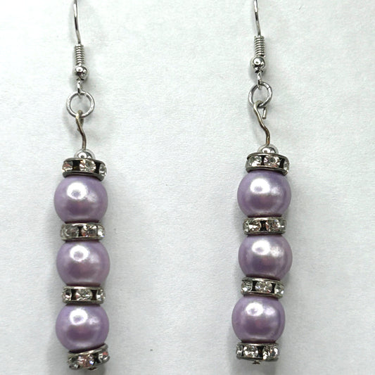 Purple Faux Pearl Earrings with Rhinestone Accents