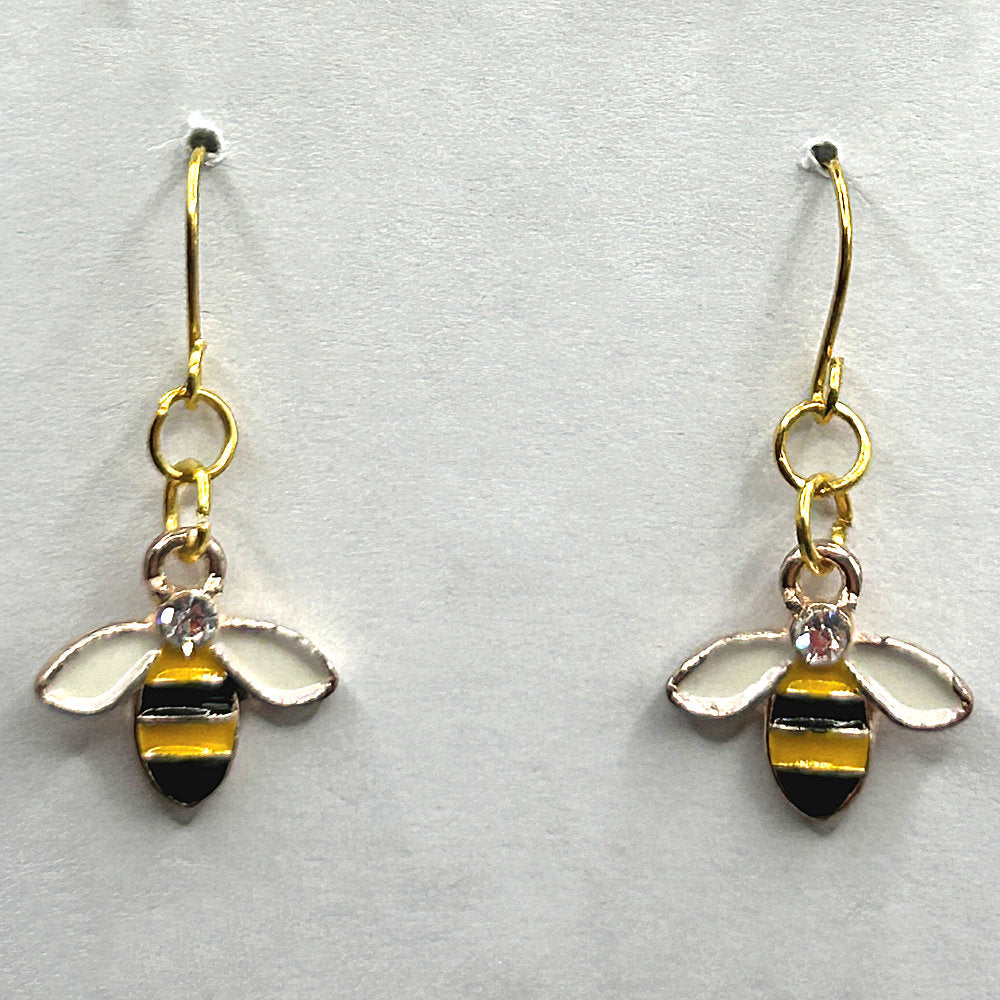 Bee Earrings with White Wings and Rhinestone Accent