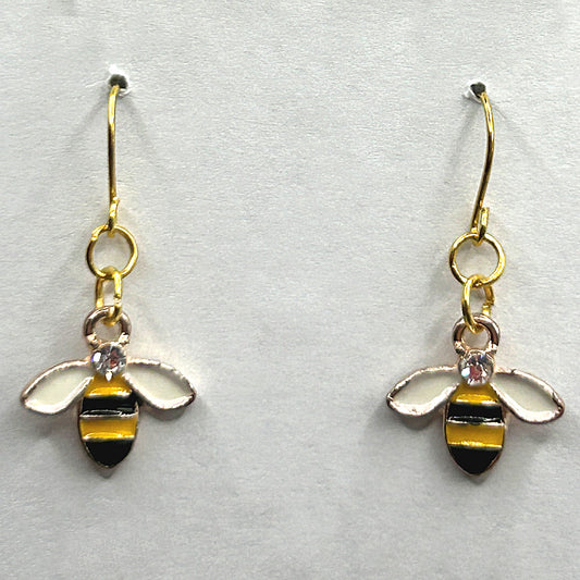 Bee Earrings with White Wings and Rhinestone Accent