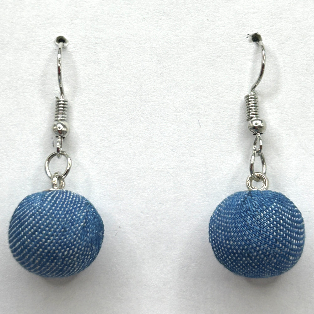 Medium Denim Fabric-Covered Ball Earrings