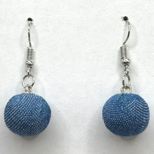 Medium Denim Fabric-Covered Ball Earrings