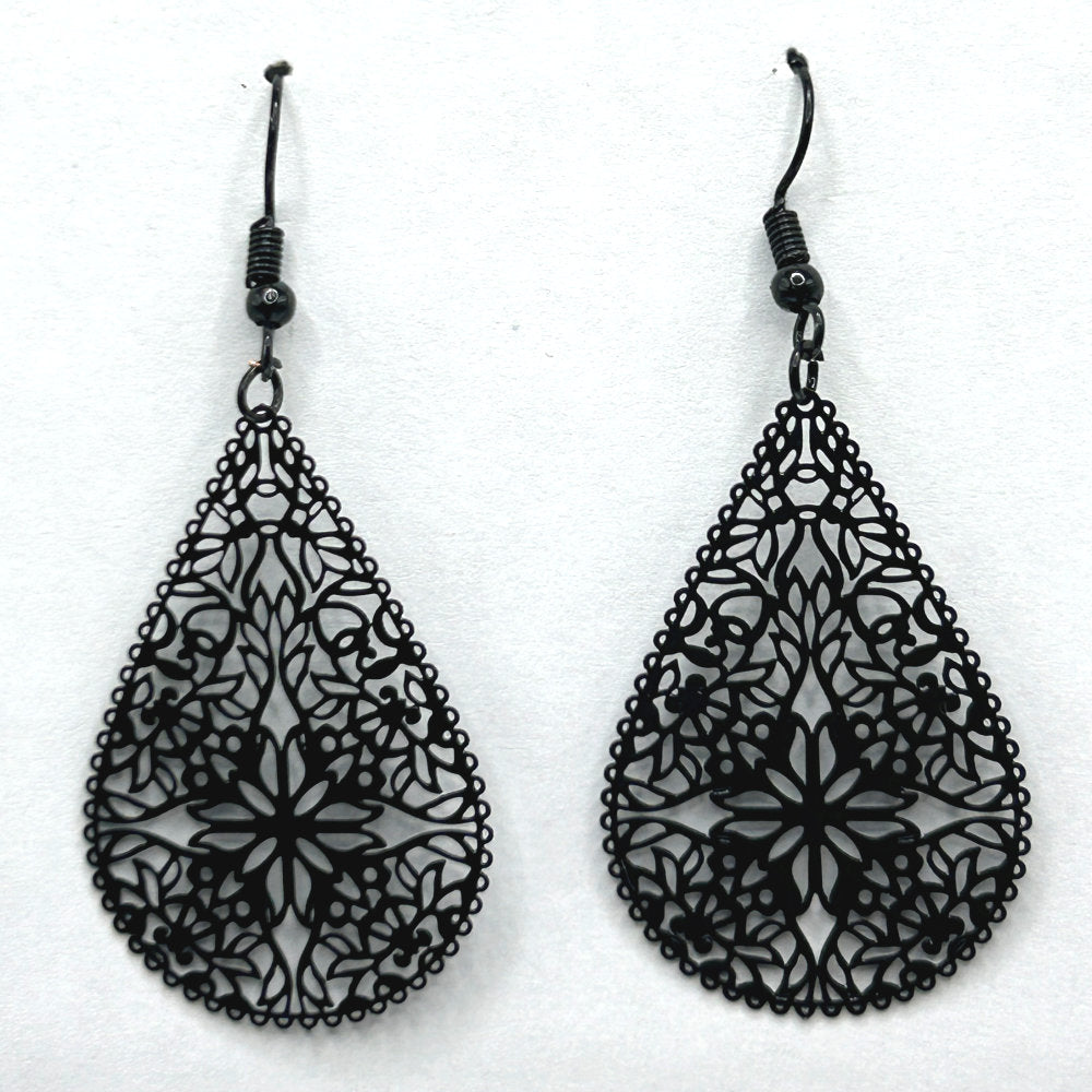Black Teardrop Filigree Earrings