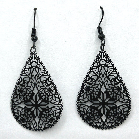 Black Teardrop Filigree Earrings
