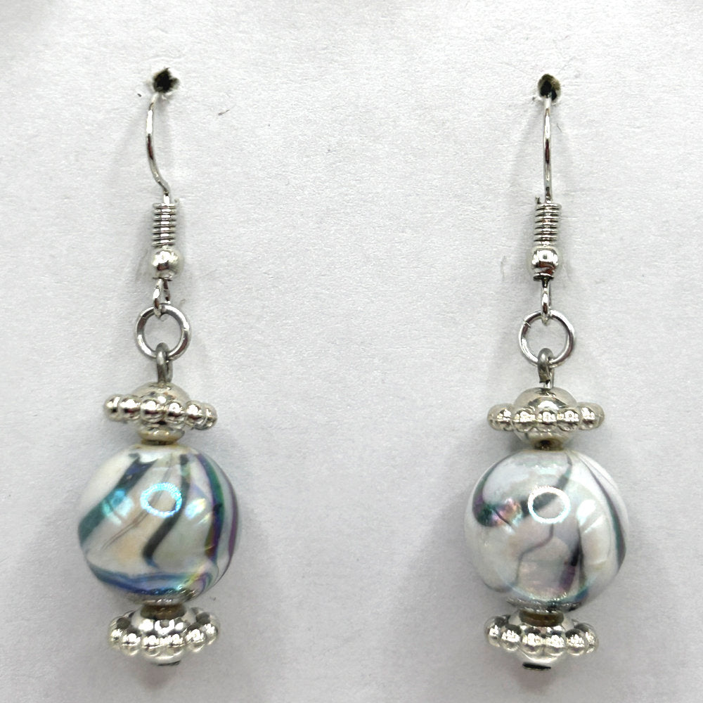 Swirly White and Silver Ball Earrings