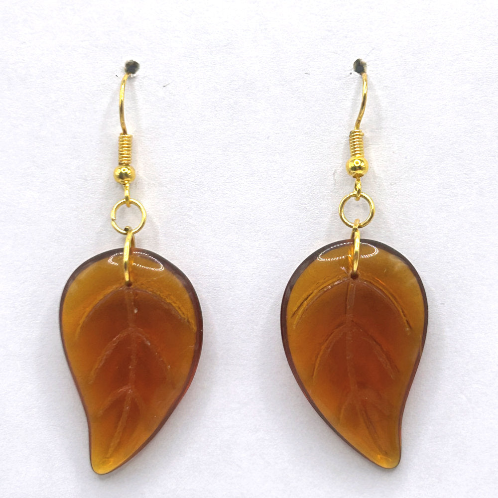 Brown Glass Leaf Earrings (Heavy)