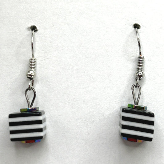 Black and White Striped Cube Earrings