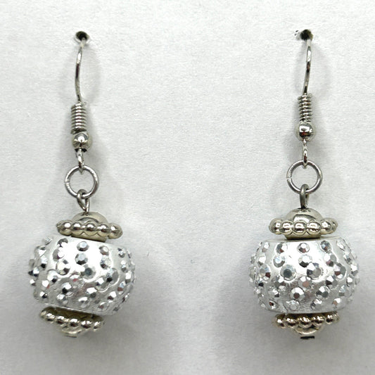 White Ball Earrings with Silvery Accents