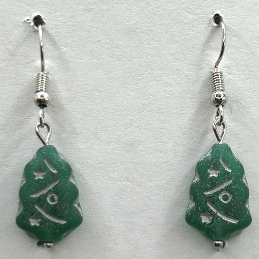Green Czech Glass Christmas Tree Earrings