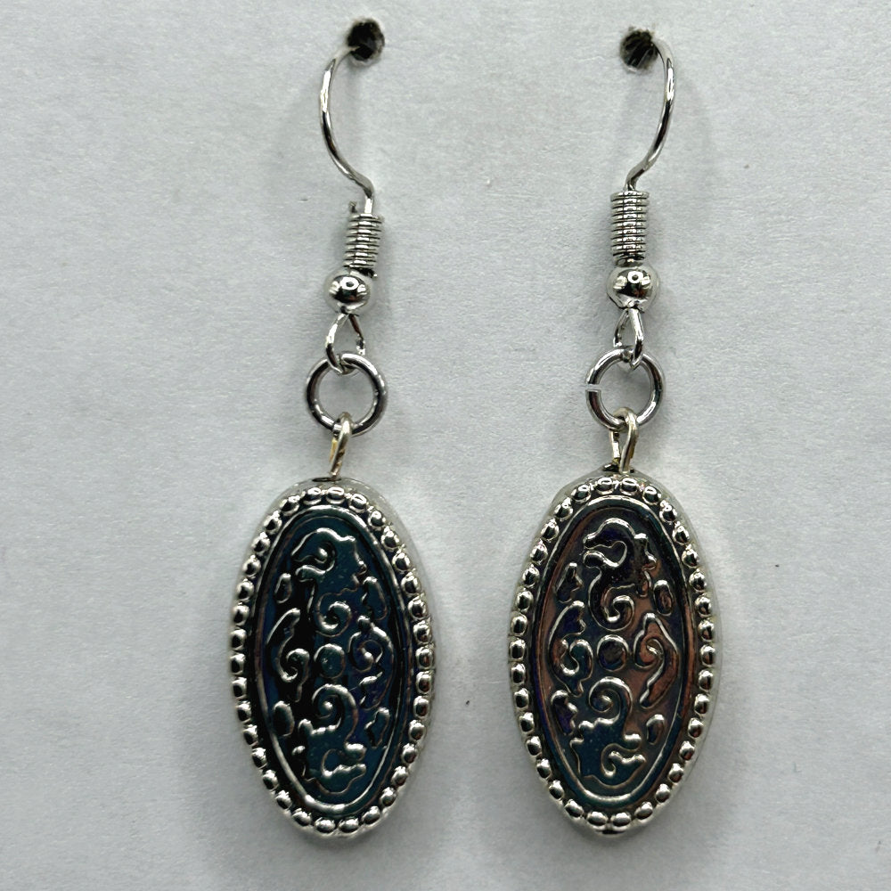 Bright Silver Floral Embossed Oval Earrings