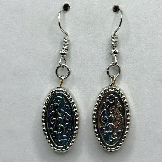 Bright Silver Floral Embossed Oval Earrings