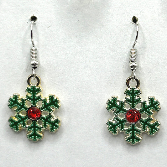 Silvery Snowflake Earrings with Red Center