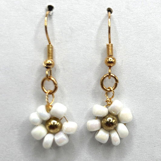 White Seed Bead Flower Earrings