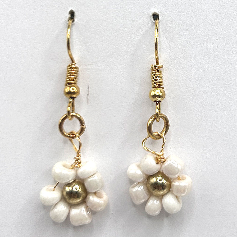 White Seed Bead Flower Earrings