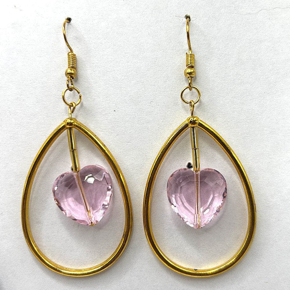 Large Golden Teardrop Loops with Pink Glass Hearts (Heavy)