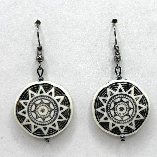 White Medallion with Sun Motif Earrings